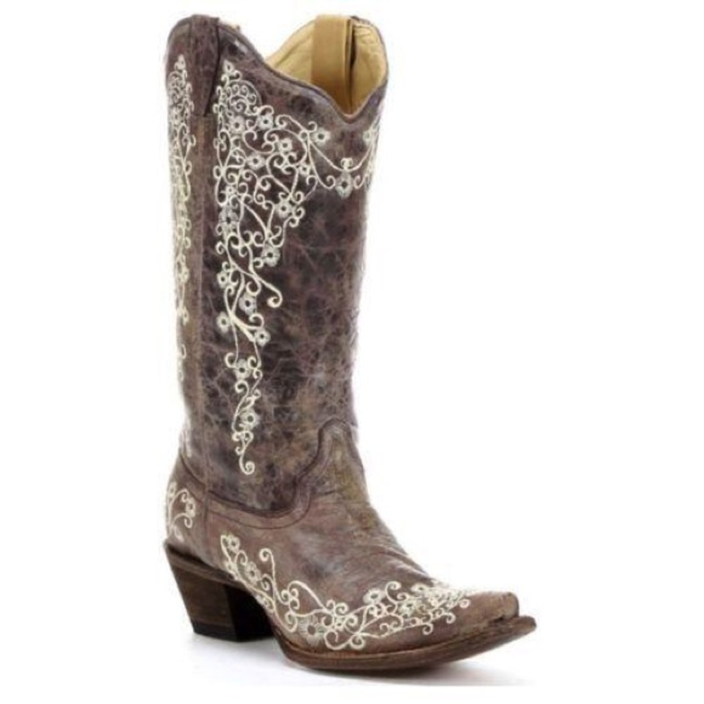 Corral Snip Distressed Brown Bone Embroidery Boots